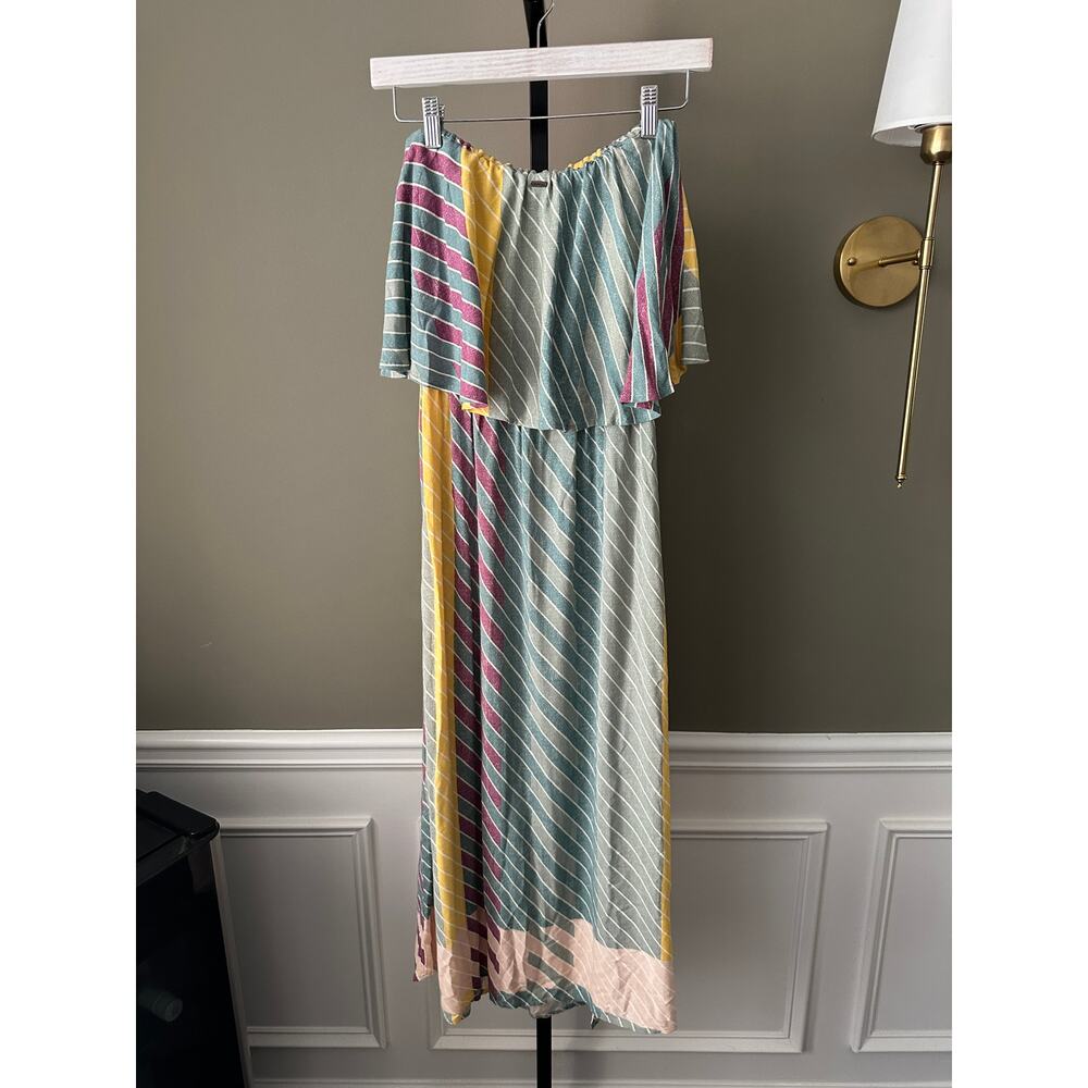 O'Neill Koi Sage Green Multi Striped Strapless Midi Dress Size Small - Picture 4 of 6